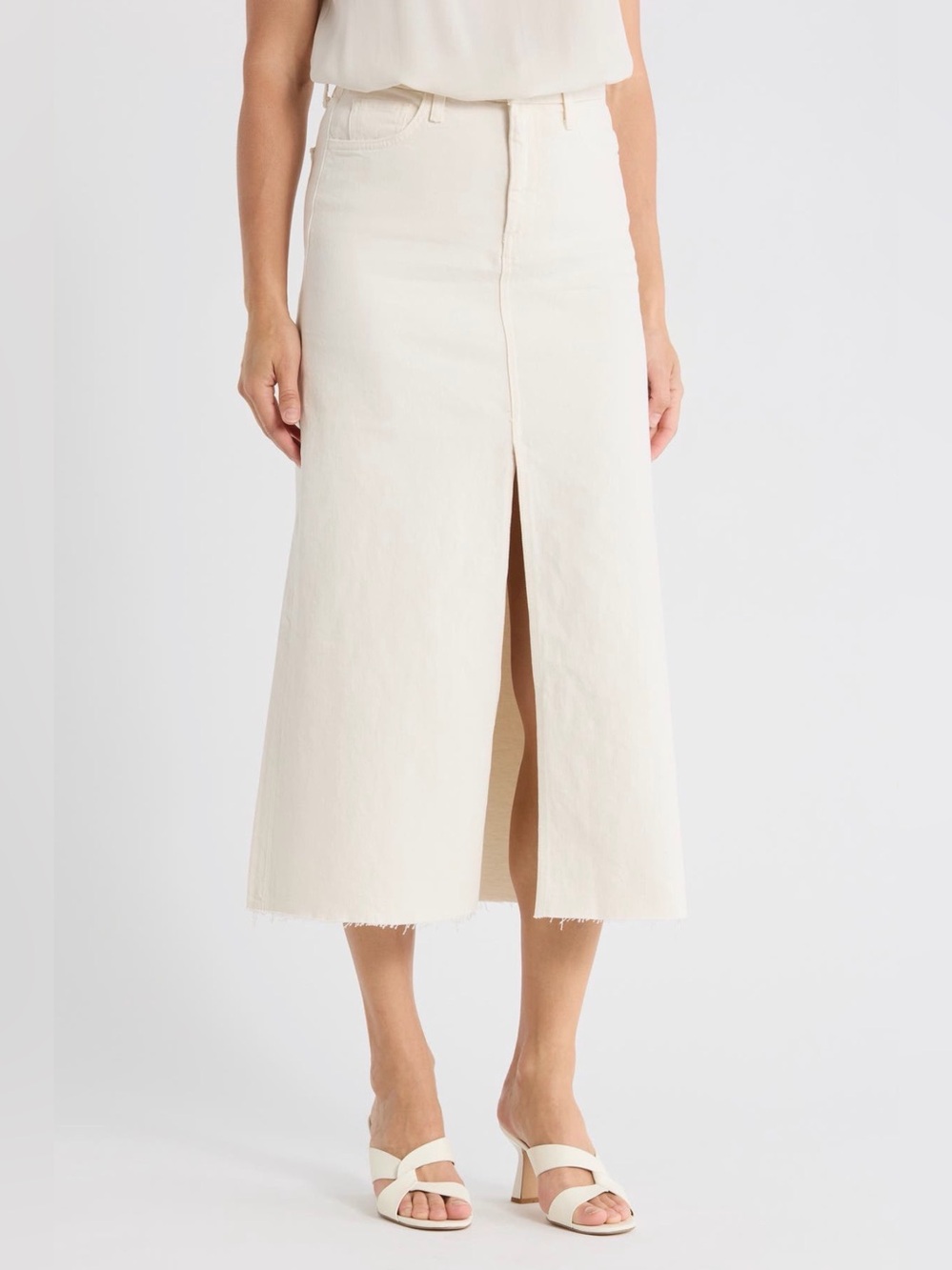 Frank & Eileen Ivory Denim Midi Skirt Front Slit Raw Hem Size 24 (00) NWT